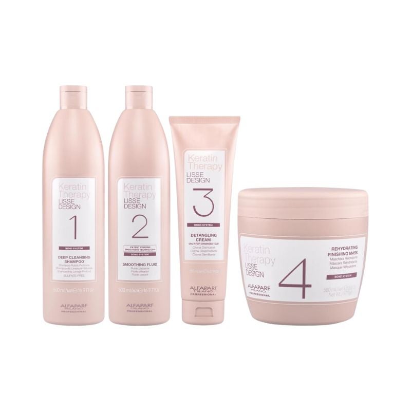Alfaparf Milano - Keratin Therapy Lisse Design - Pack Deep Cleansing Champú + Smoothing Fluid + Detangling Cream + Rehydrating Finishing Mask - Pack 4