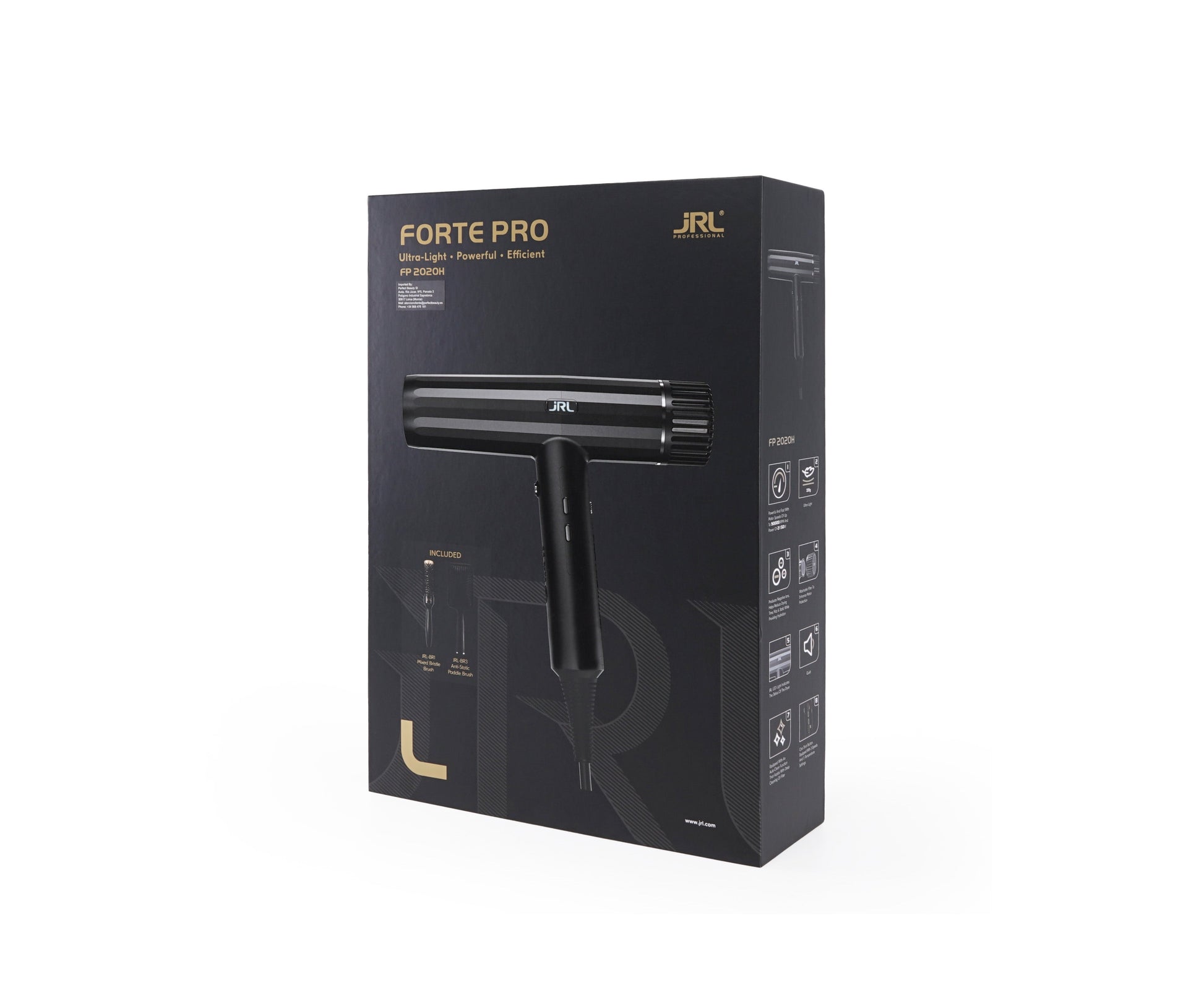 JRL - Pack Forte Pro Negro + Ceramic Round Brush BR1 + Anti-Static Paddle Brush BR3