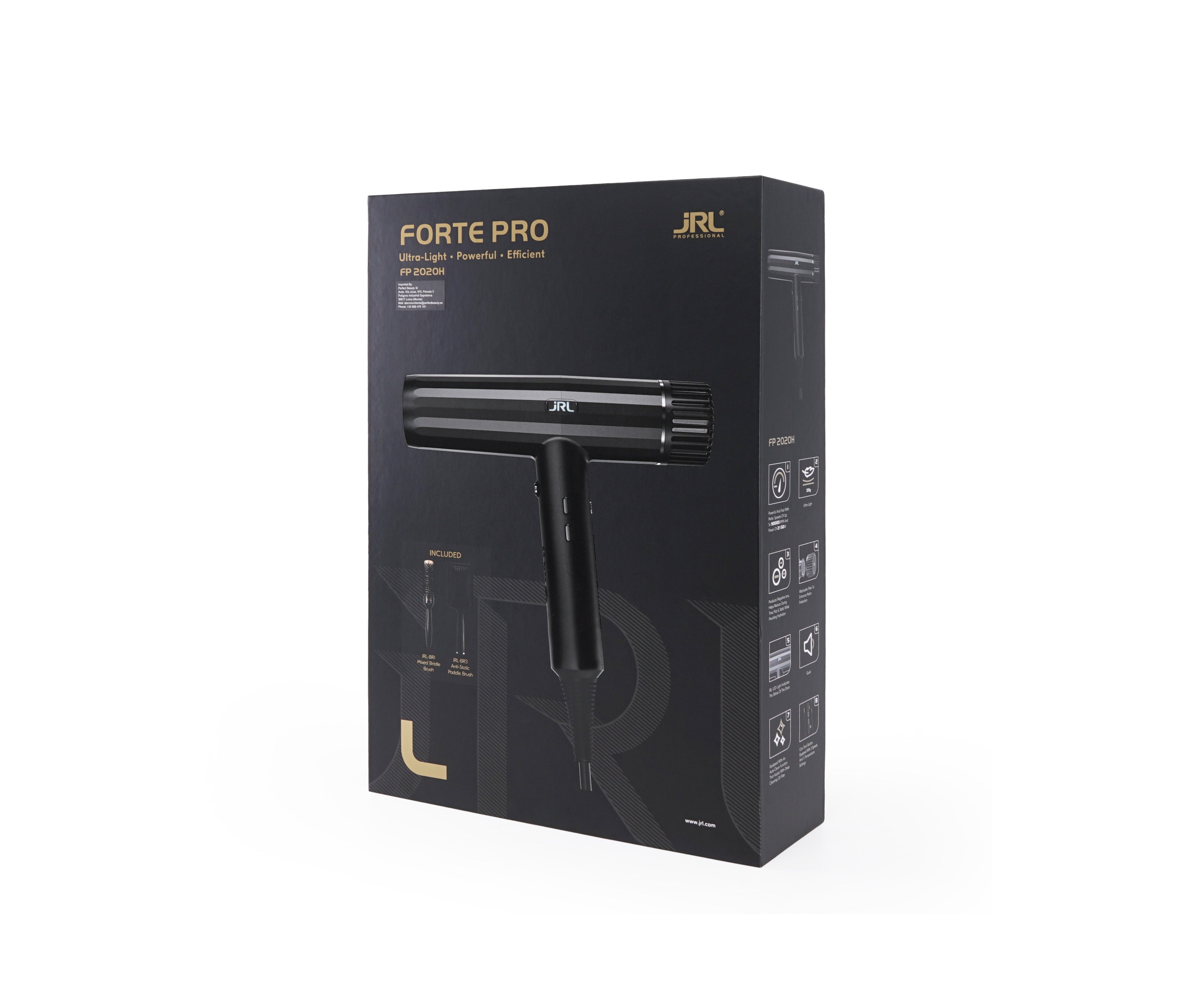 JRL - Pack Forte Pro Negro + Ceramic Round Brush BR1 + Anti-Static Paddle Brush BR3