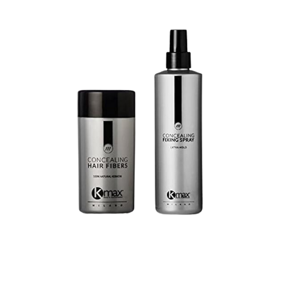 Kmax Concealing Hair Fibers - Combo Set Color Fibre Capillari + Lacca Aglutinante Castaño Medio