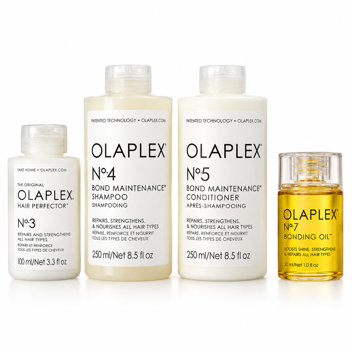 Olaplex - Nº3 + Nº4 + Nº5 + Nº7 - Pack Rutina Reparación de Enlaces en Casa
