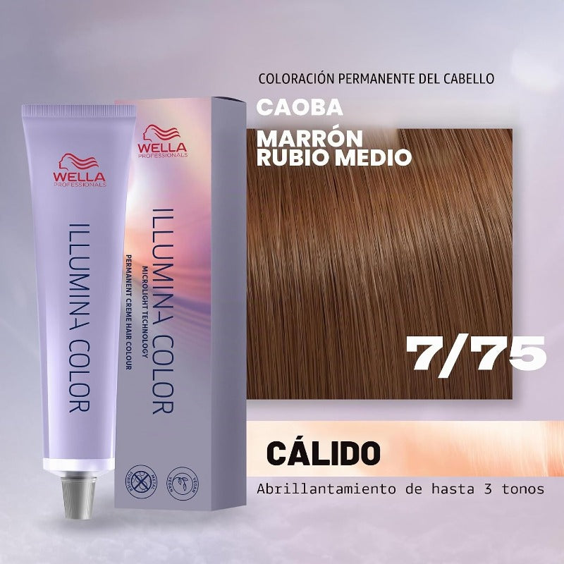 Wella Professionals Illumina Color – Tinte permanente vegano premium – resultados de color natural y cobertura de hasta 100% canas – 7/75 rubio medio caoba marrón – 60 ml